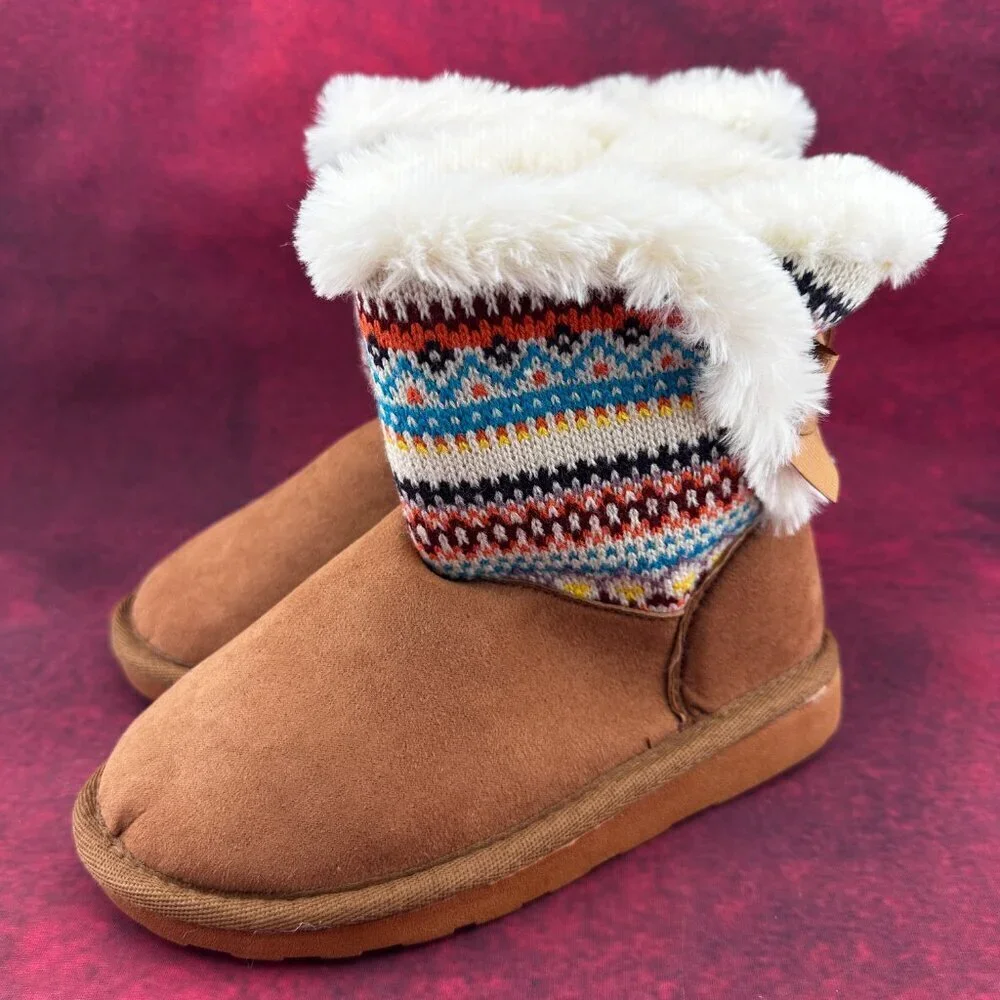 GIRL'S TAN SUEDE BOOTS MULTICOLOR KNITTED BOW AND LINED FAUX FUR, SIZE 12